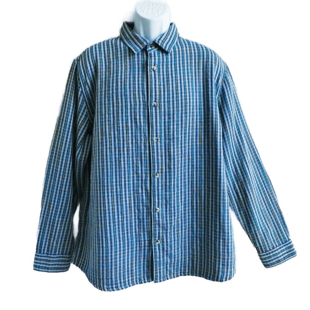 Carbon2Cobalt Mens Plaid Shirt Double Preppy Long Sleeve Back Yoke Pleat L